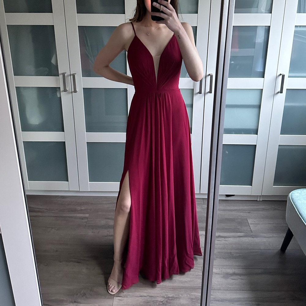 SOLD Red floor length formal prom dress with leg side slit and v neck